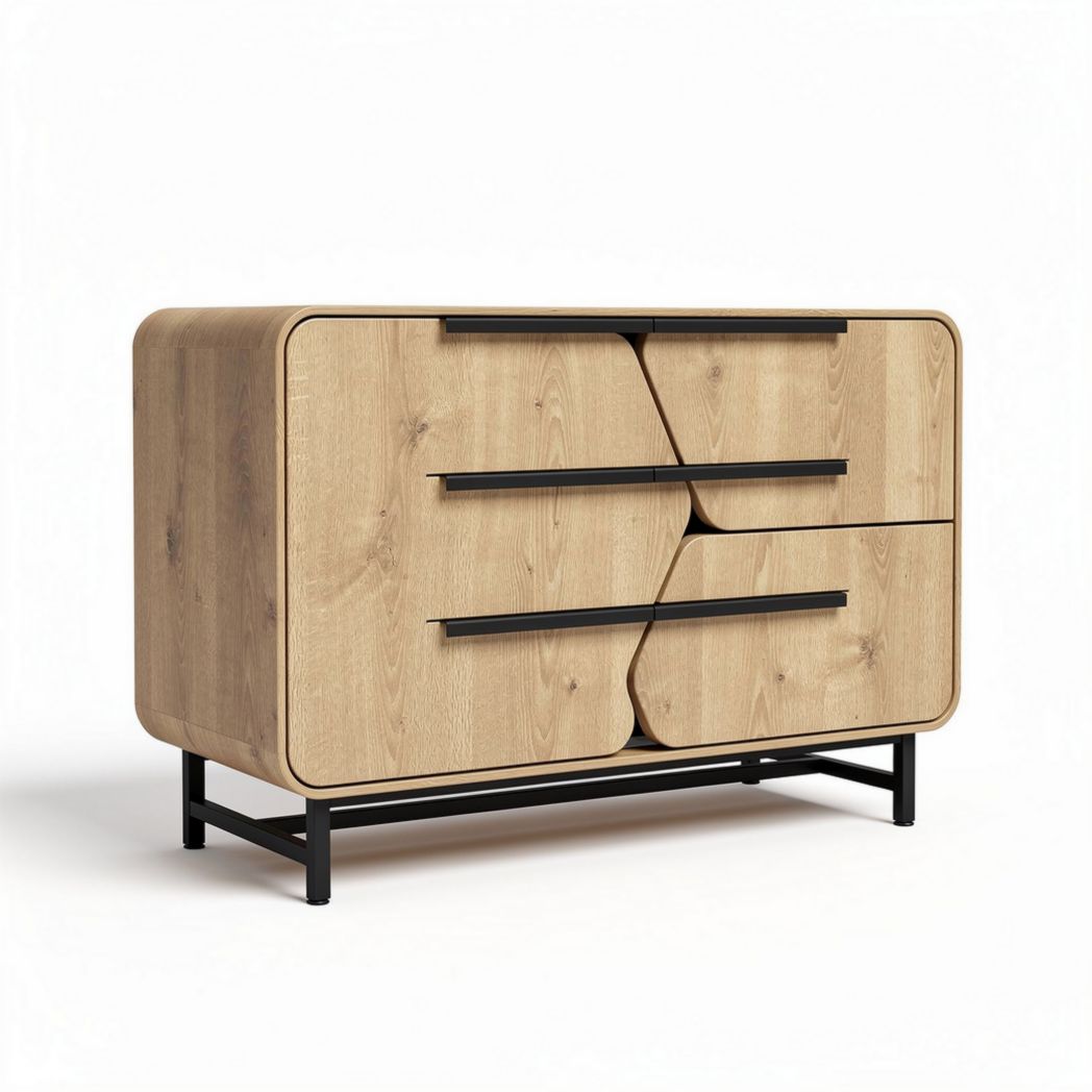 Meuble de rangement en bois clair avec 4 tiroirs et structure noire 120 x 50 x 80cm