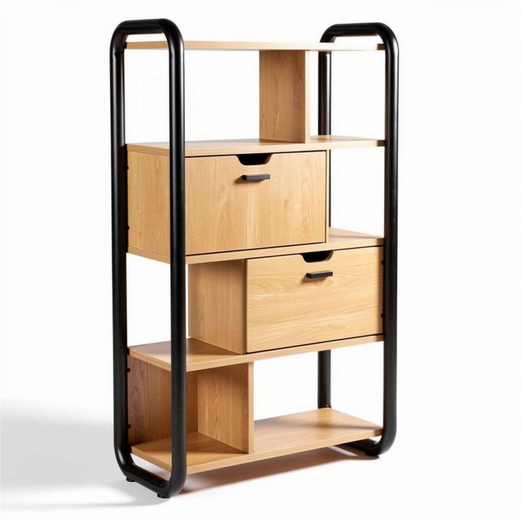 Étagère en bois de mélèze avec 3 tiroirs et structure en métal noir 80 x 30 x 120cm