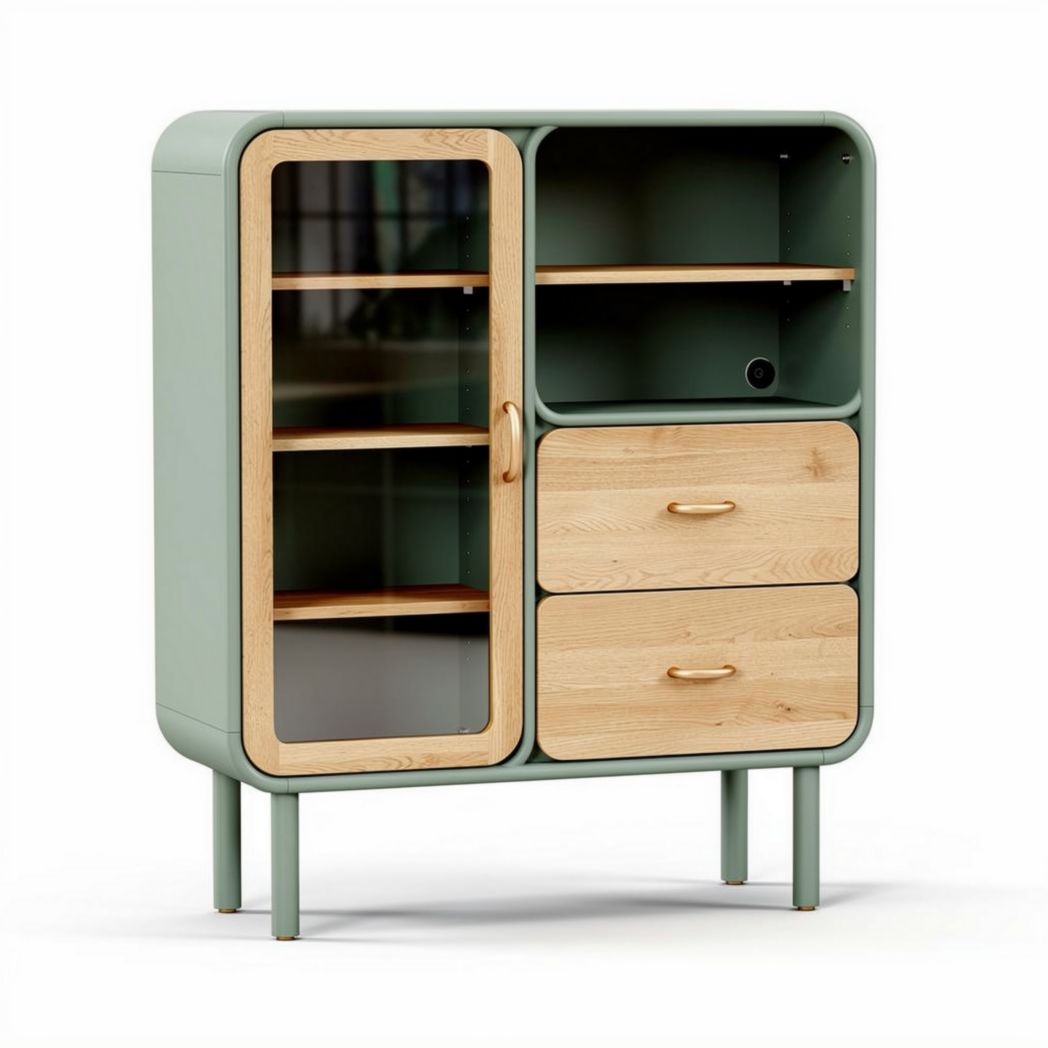Buffet en bois et verre couleur verte avec deux tiroirs et étagères 80 x 40 x 100cm