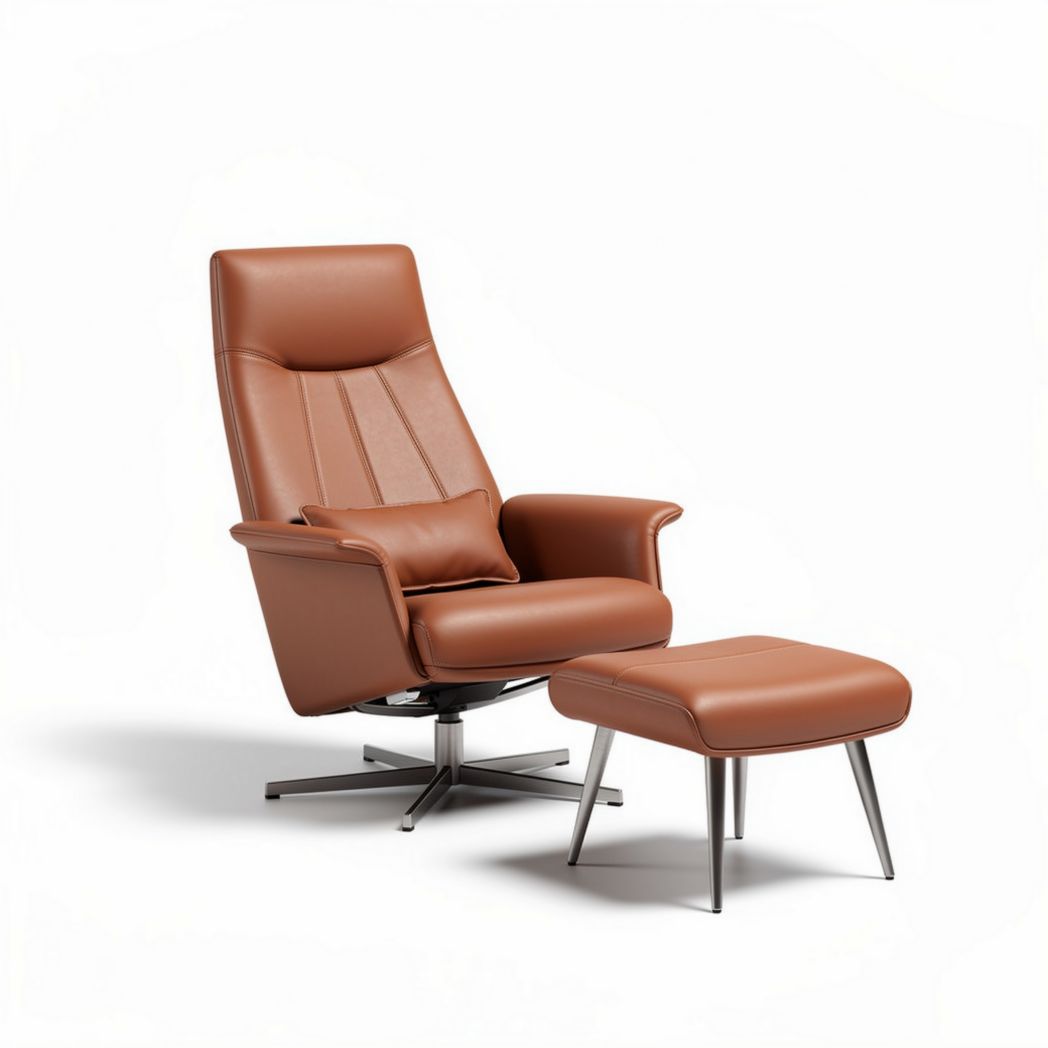 Fauteuil en cuir marron avec repose-pieds acier 85 x 75 x 100cm
