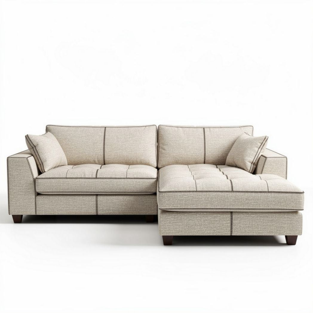 Canapé d'angle en tissu beige dimensions 200 x 90 x 85cm avec coussins assortis